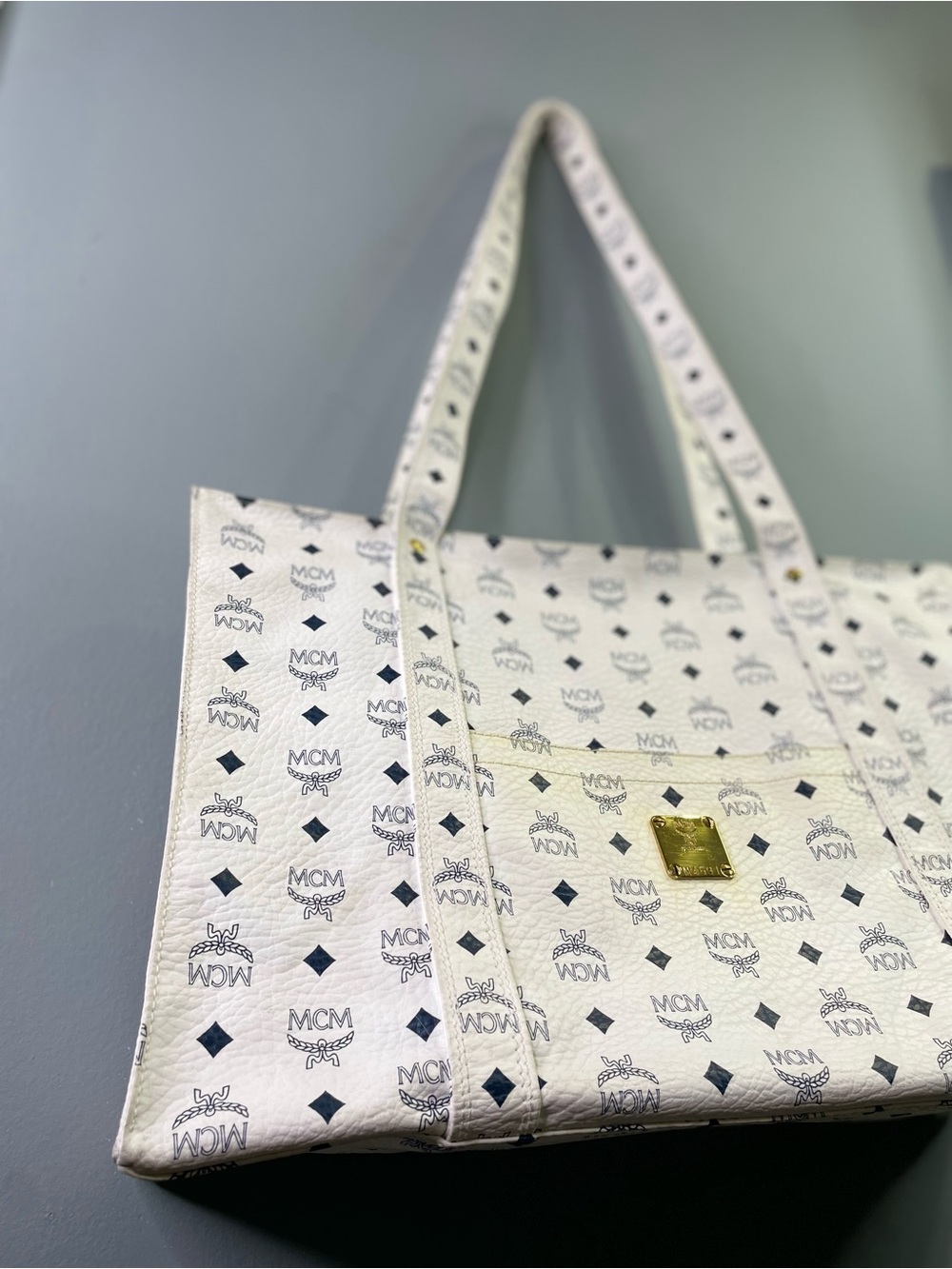 MCM White Logo Canvas Tote - Picture 3 of 13